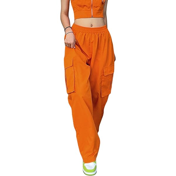 Generic Womens Orange Low Waist Cargo Pants Jeans Harajuku